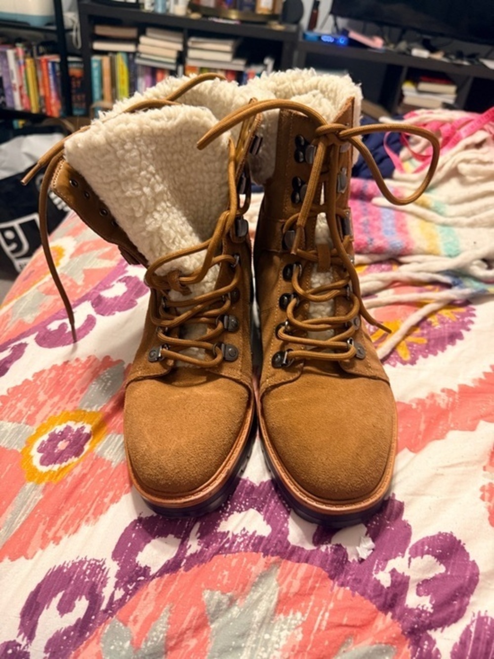 Marc Fisher LTD Izzie Tan Suede Sherpa Hiker Boots - Women's Size 9 Combat Style